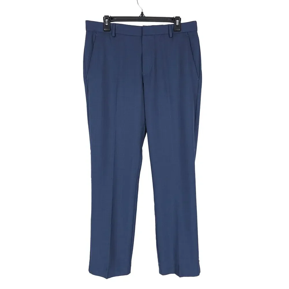 Perry Ellis Portfolio Mens Modern Fit Dress Pant 36x32 Indigo Blue Plaid Stretch